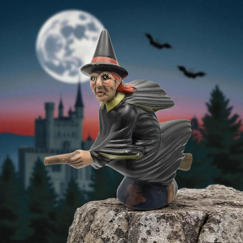 VTG Ceramic Scary Witch Flying on Broomstick Halloween Decor 1970's Granny Core